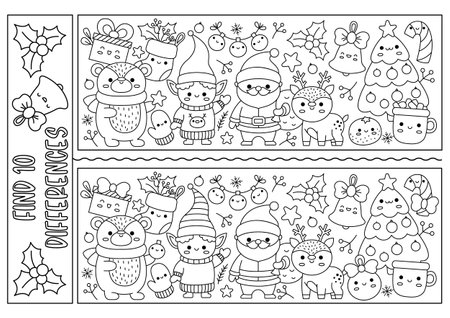 Christmas black and white find differences game for children attention skills activity with cute santa claus deer tree animals and winter symbols new year line puzzle or coloring page for kids ù ùùø