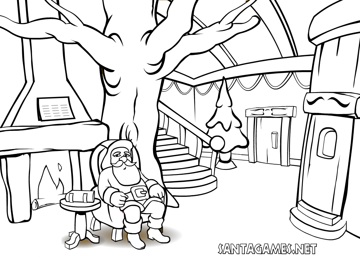 Christmas coloring pages santa claus in front of the fire