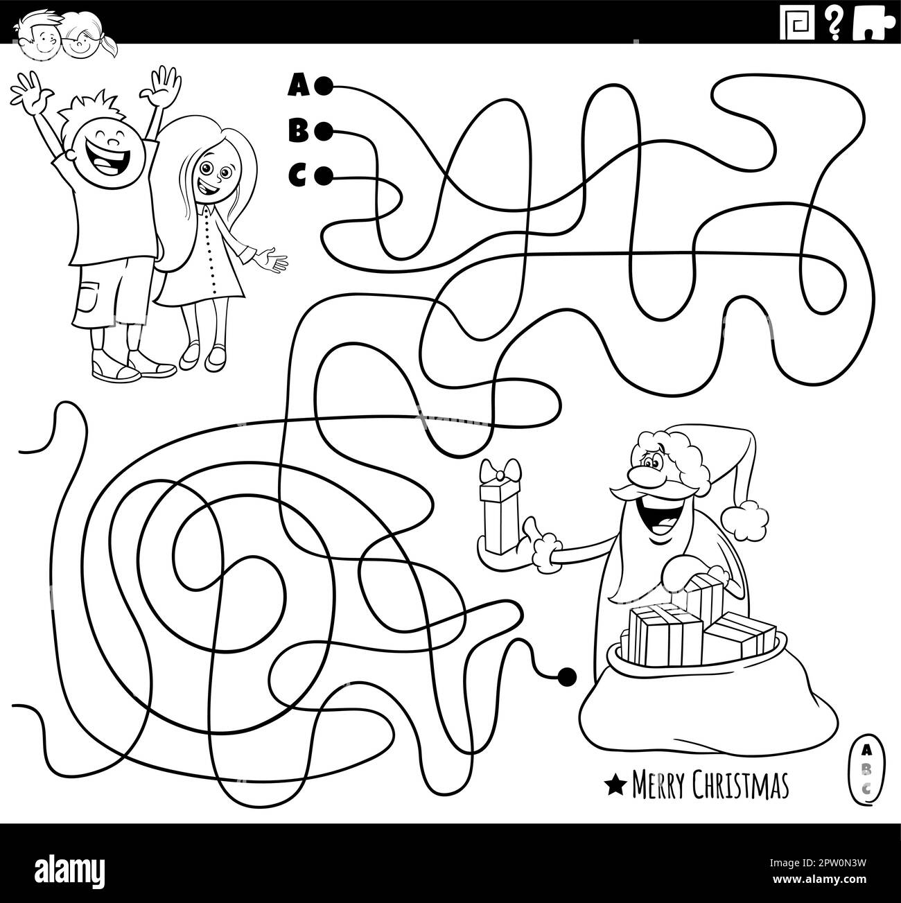 Maze with santa claus with gifts and kids coloring page stock vector image art