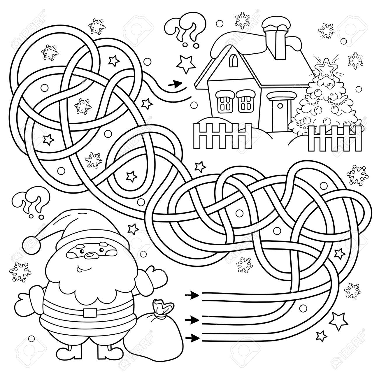 Maze or labyrinth game puzzle tangled road coloring page outline of santa claus with gifts bag and christmas tree new year christmas coloring book for kids royalty free svg cliparts vectors and