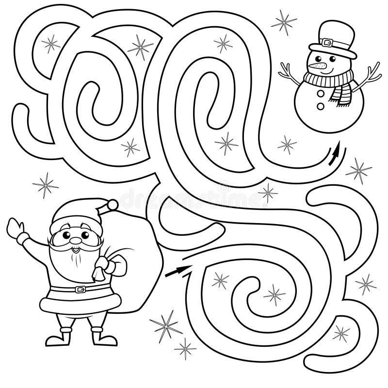 Help santa claus find path to snowman labyrinth maze game for kids black and white vector illustration for coloring book stock vector