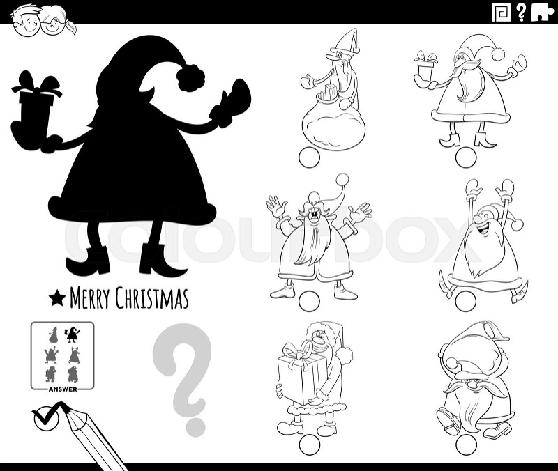 Shadows game with cartoon santa clauses coloring book page stock vector