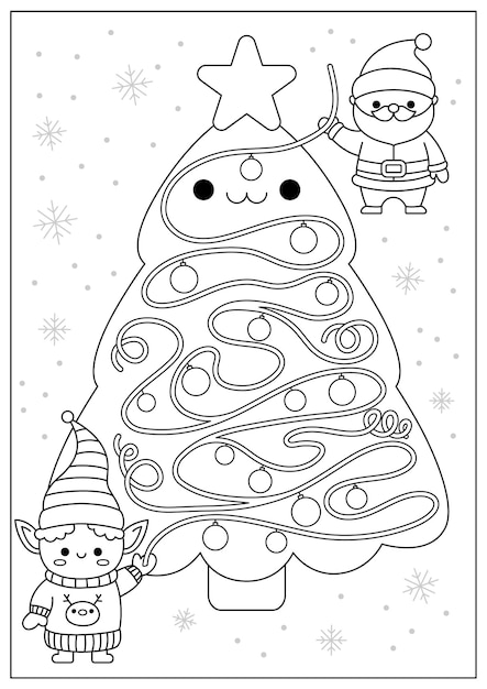 Premium vector christmas black and white maze for kids winter holiday preschool printable activity with cute kawaii santa claus and elf decorating tree with garland new year labyrinth game puzzle or