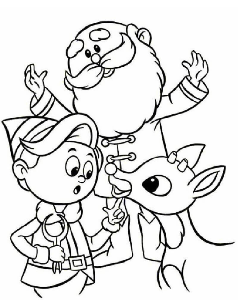 Elf santa and reindeer coloring page