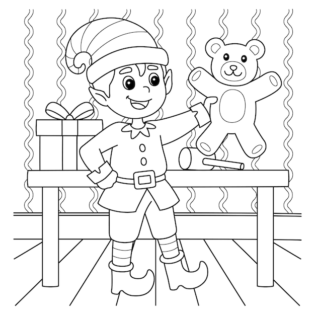 Premium vector christmas elf coloring page for kids