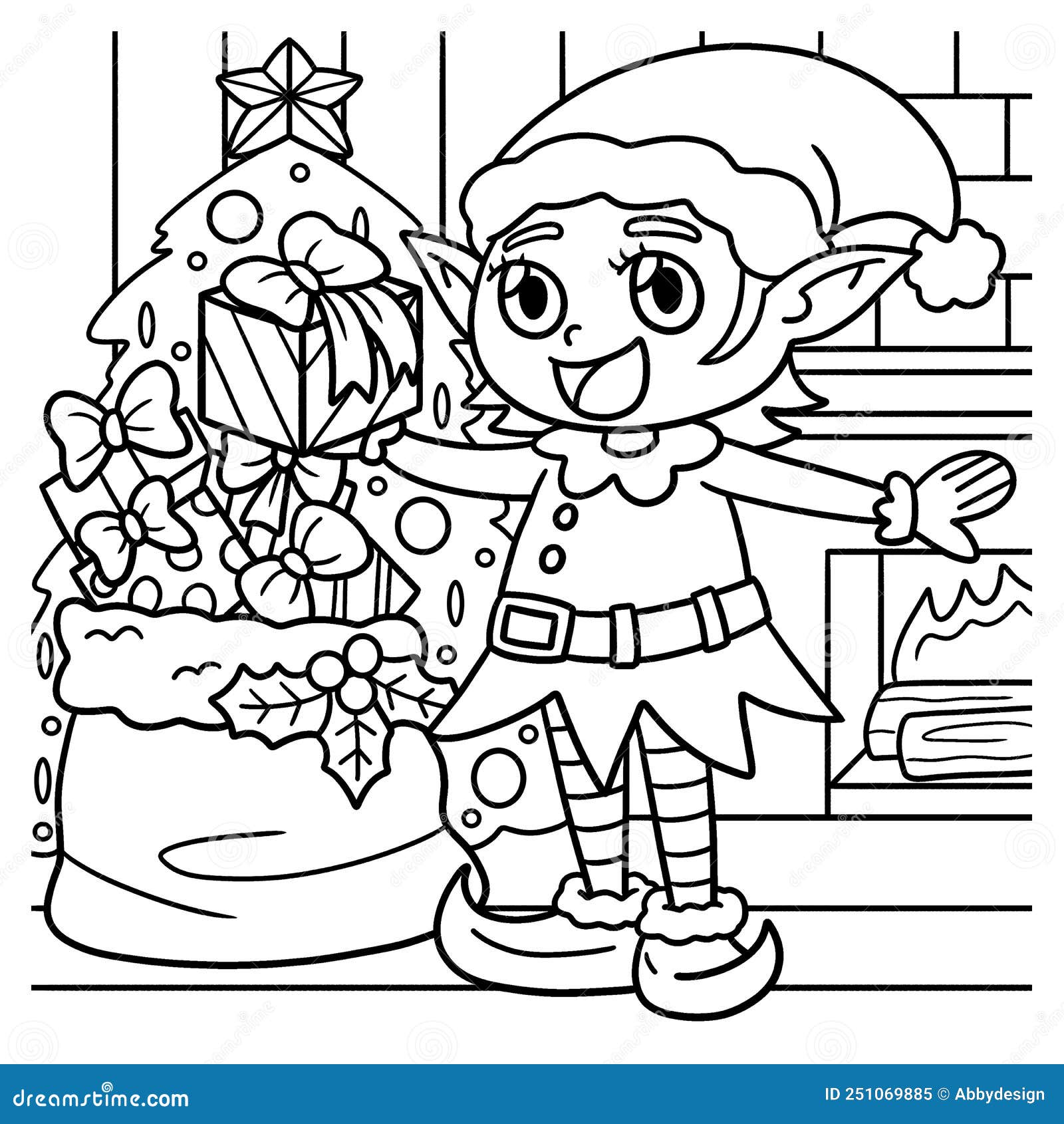 Christmas elf coloring page for kids stock vector