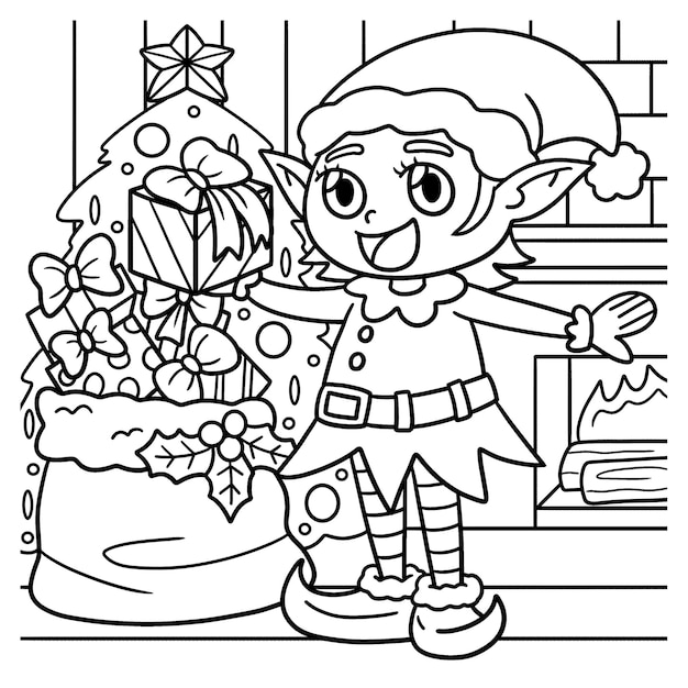 Premium vector christmas elf coloring page for kids