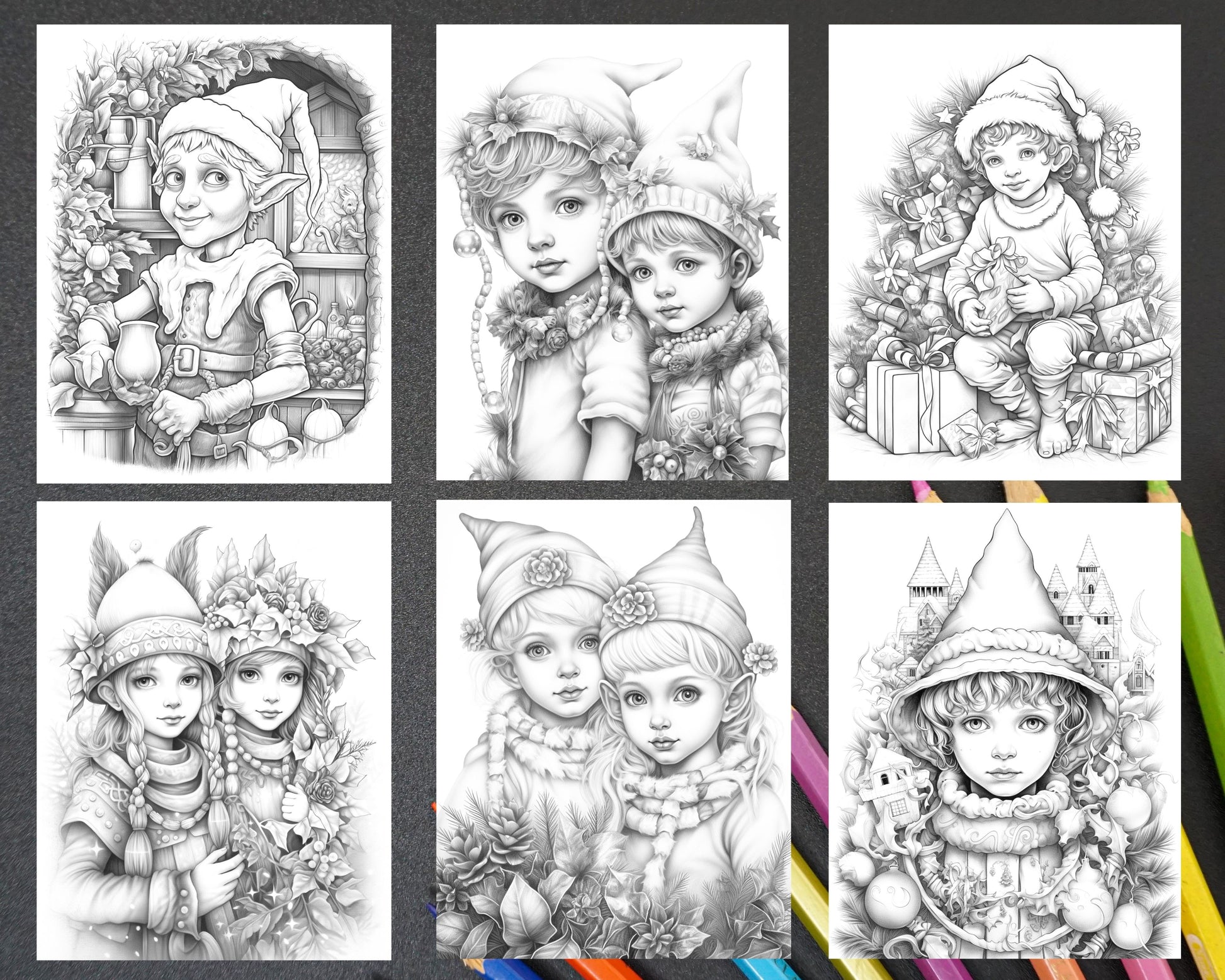 Christmas elves grayscale coloring pages printable for adults kids â coloring