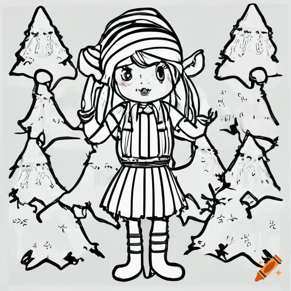 Coloring page of a christmas elf girl with hearing aids on