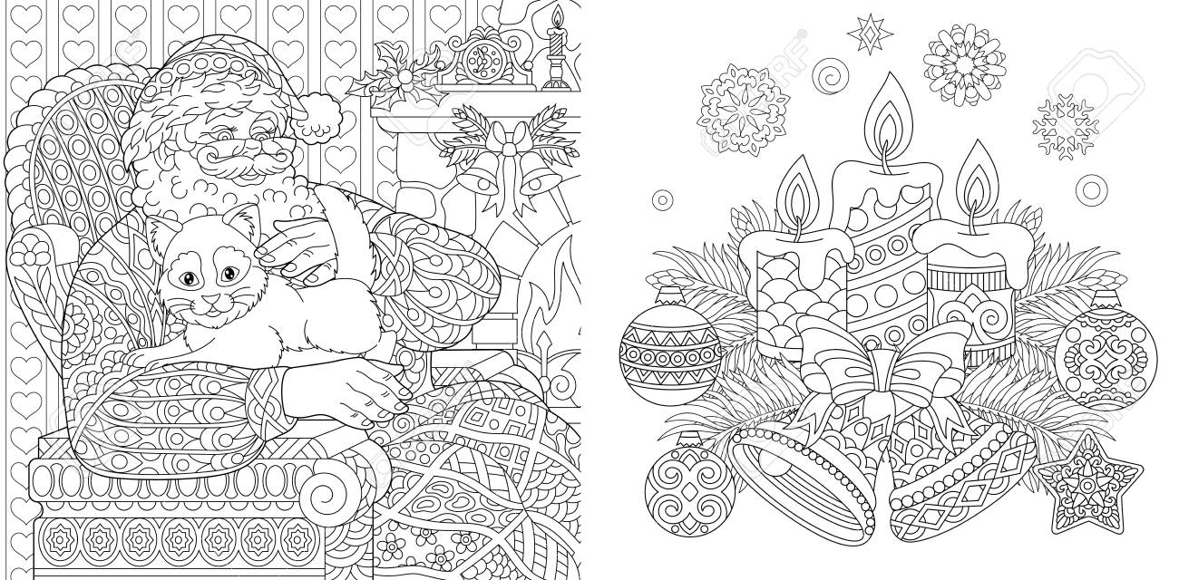 Christmas colouring pages coloring book for adults santa claus with a cat new year background vintage xmas ornaments royalty free svg cliparts vectors and stock illustration image