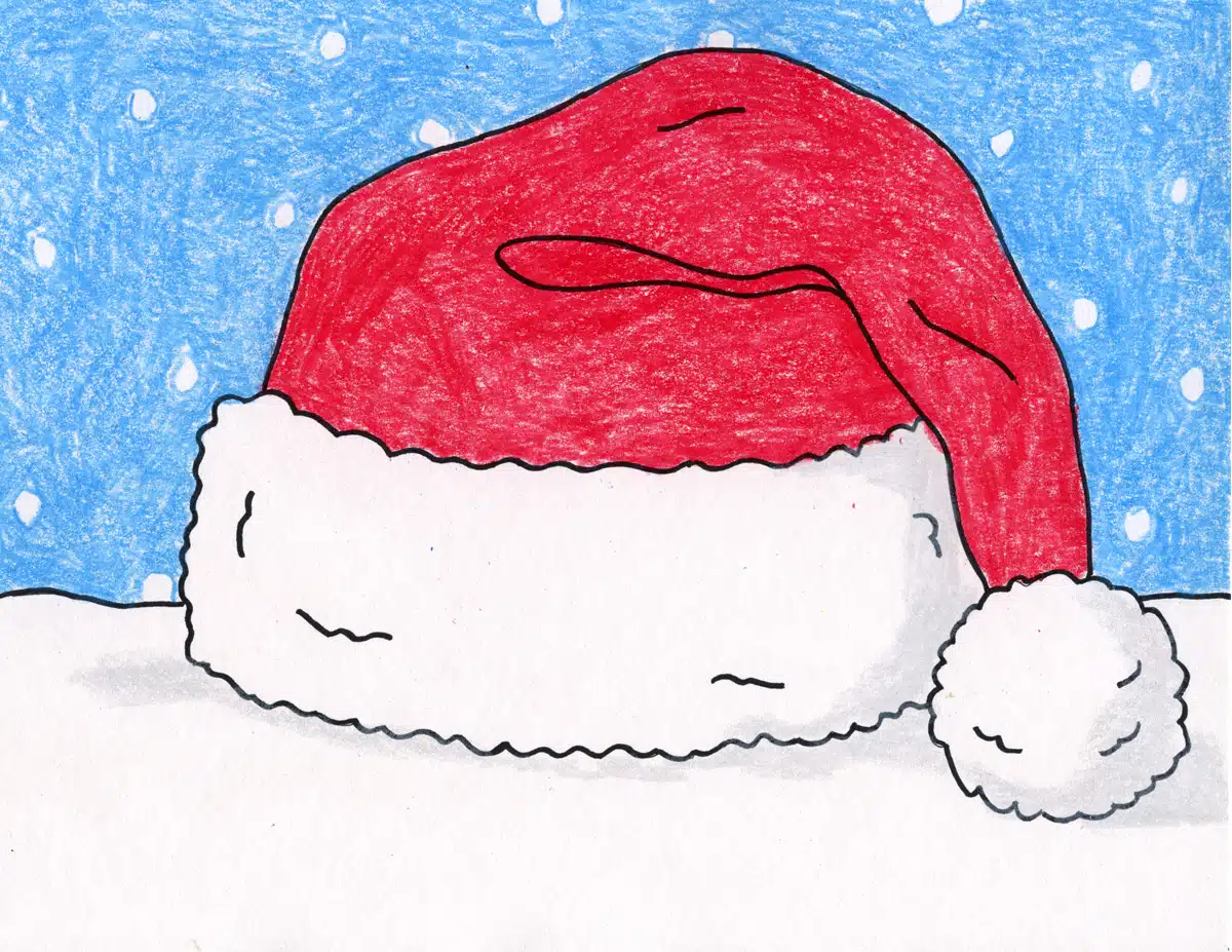 Easy how to draw a santa hat tutorial and coloring page