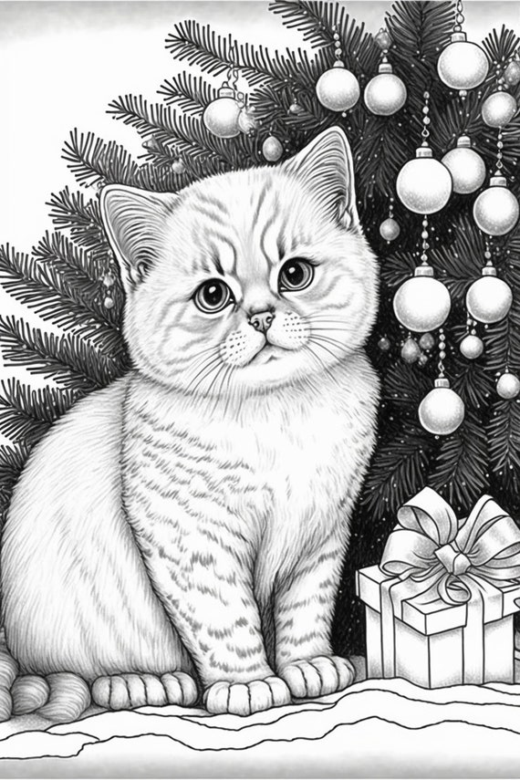 Page downloadable printable coloring pdf holiday christmas kitty cat coloring pages kitten snow christmas tree santa hat