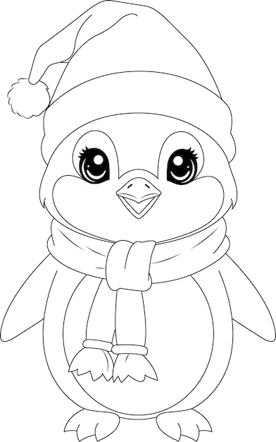 Premium vector coloring page a penguin wearing santa hats and scarves