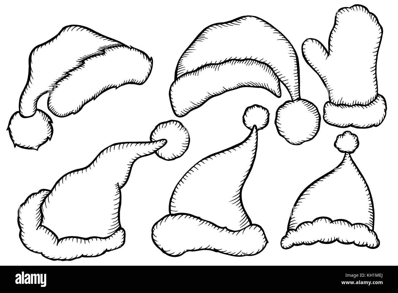 Set of monochrome doodle hats santa claus template christmas hat for design decorating cards and collages stock vector image art