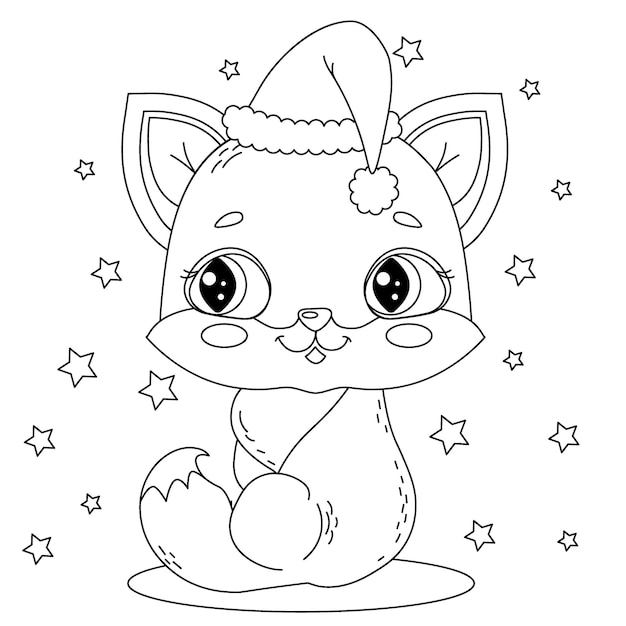 Premium vector childrens coloring cute christmas kitty sitting in a santa hat in winter childrens vector illustration for childrens room textile poster postcard coloring book