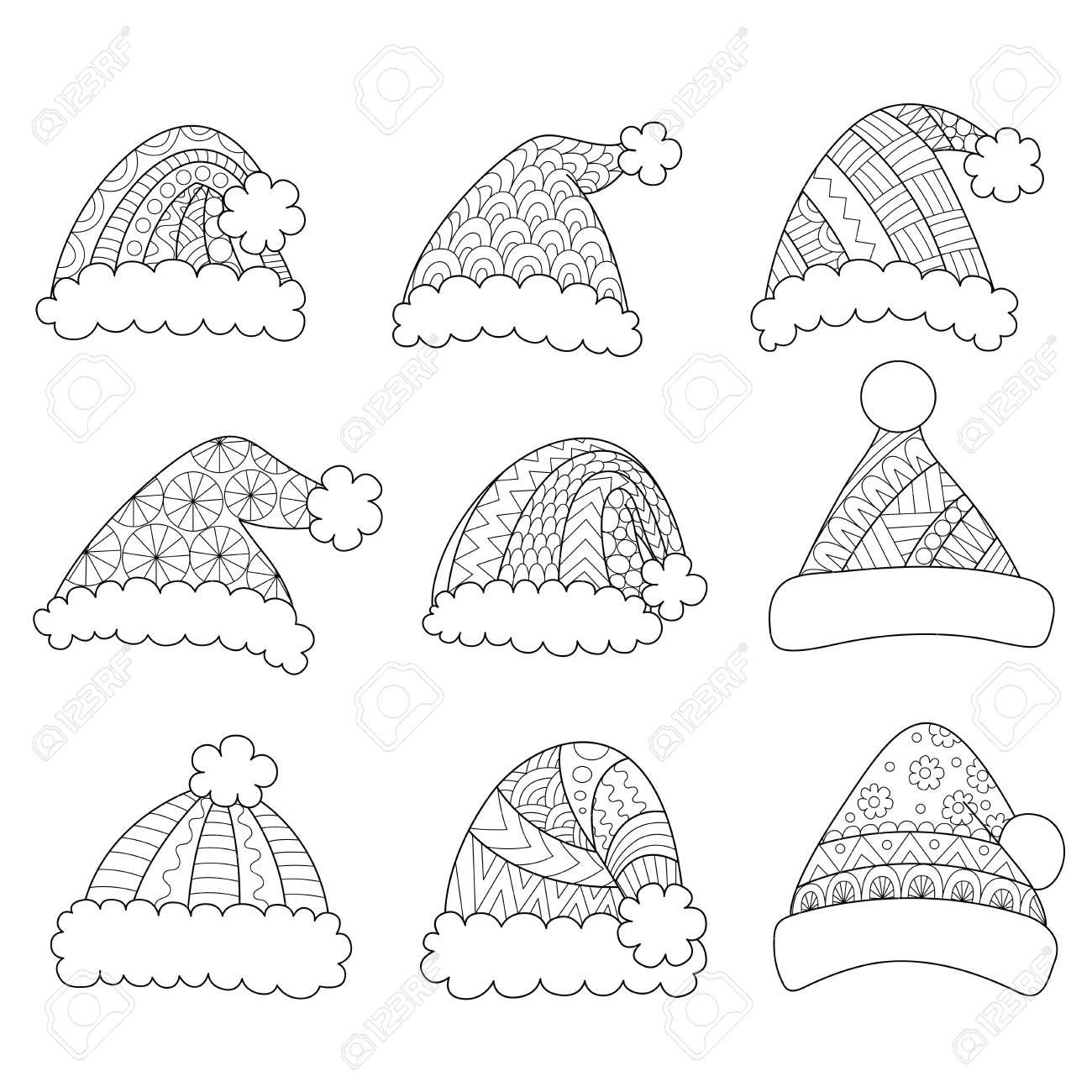 Set of santa hats isolated on white background for design element and coloring book page royalty free svg cliparts vectors and stock illustration image