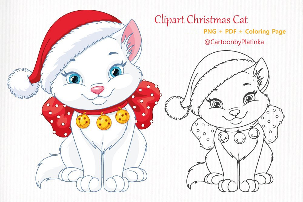 Christmas cat with santa hat and coloring page