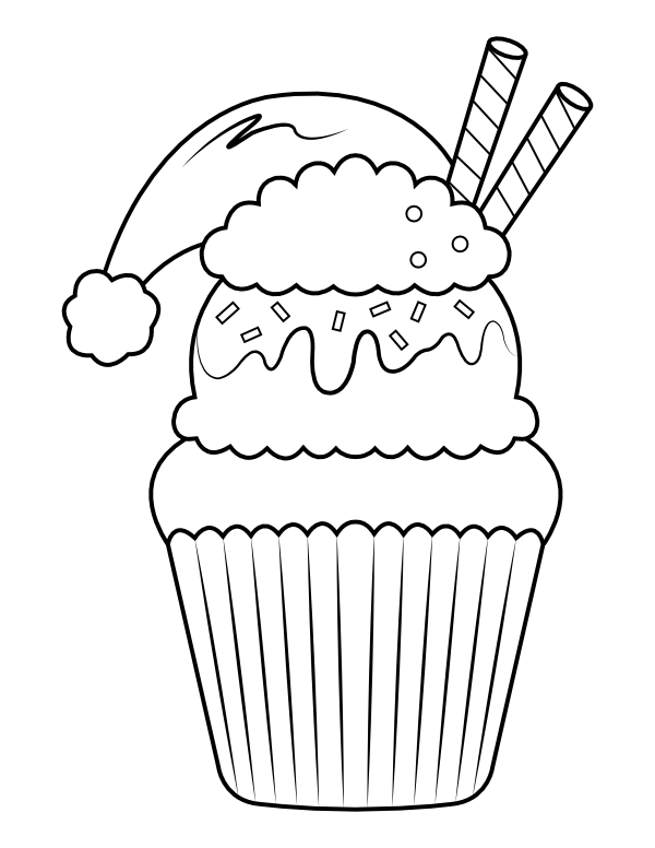 Printable santa hat cupcake coloring page