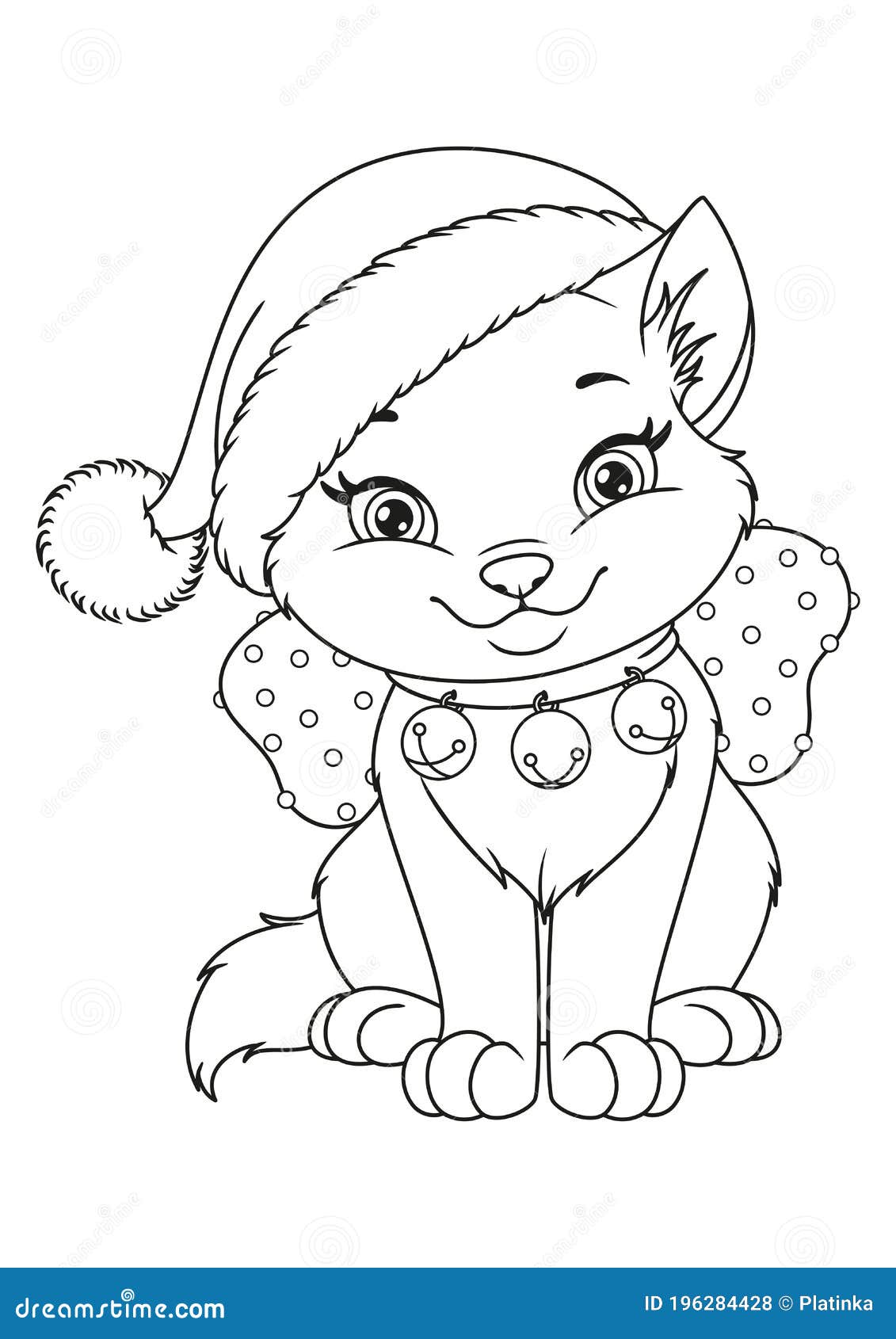 Christmas cat with santa hat coloring page black and white cartoon illustration stock vector