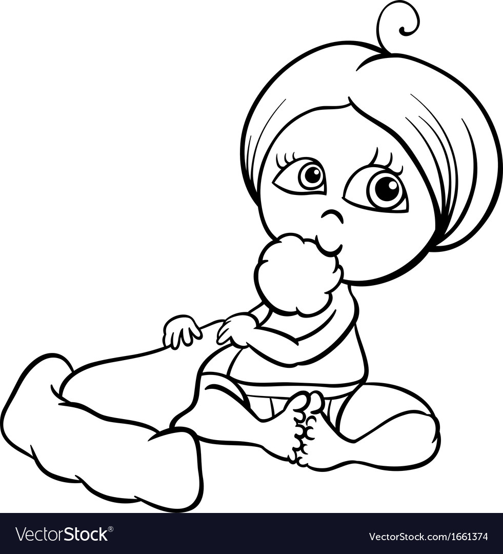 Baby girl with santa hat coloring page royalty free vector