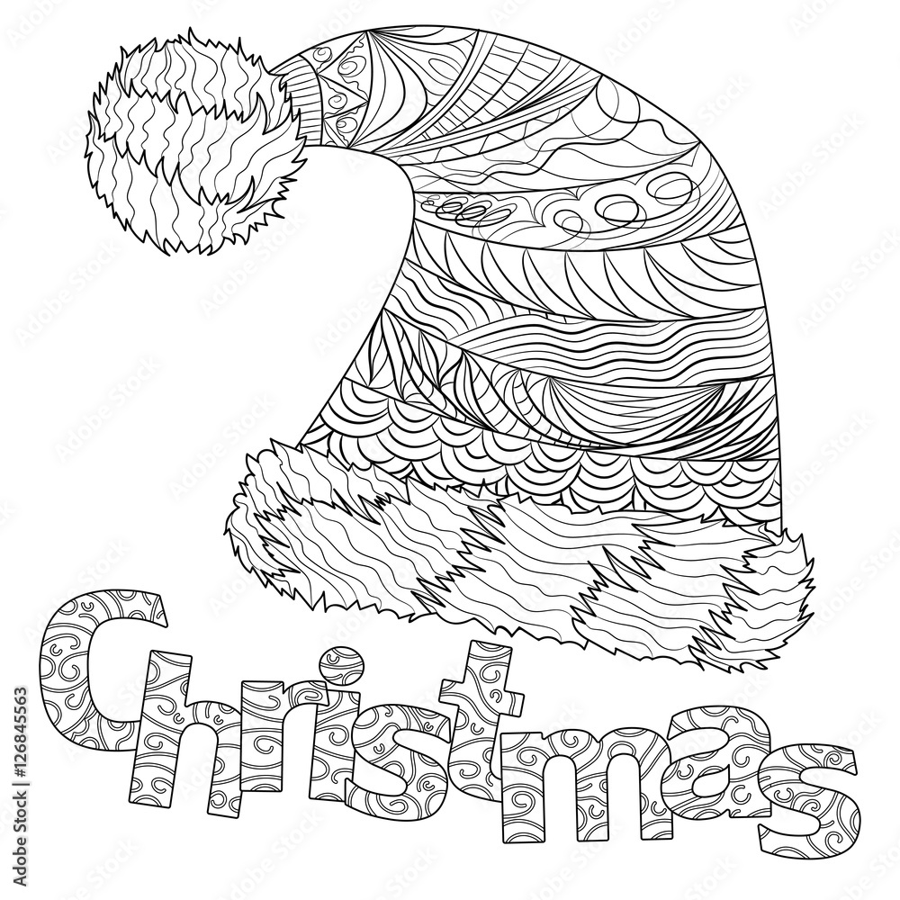 Christmas hat with pattern for adult coloring book vector