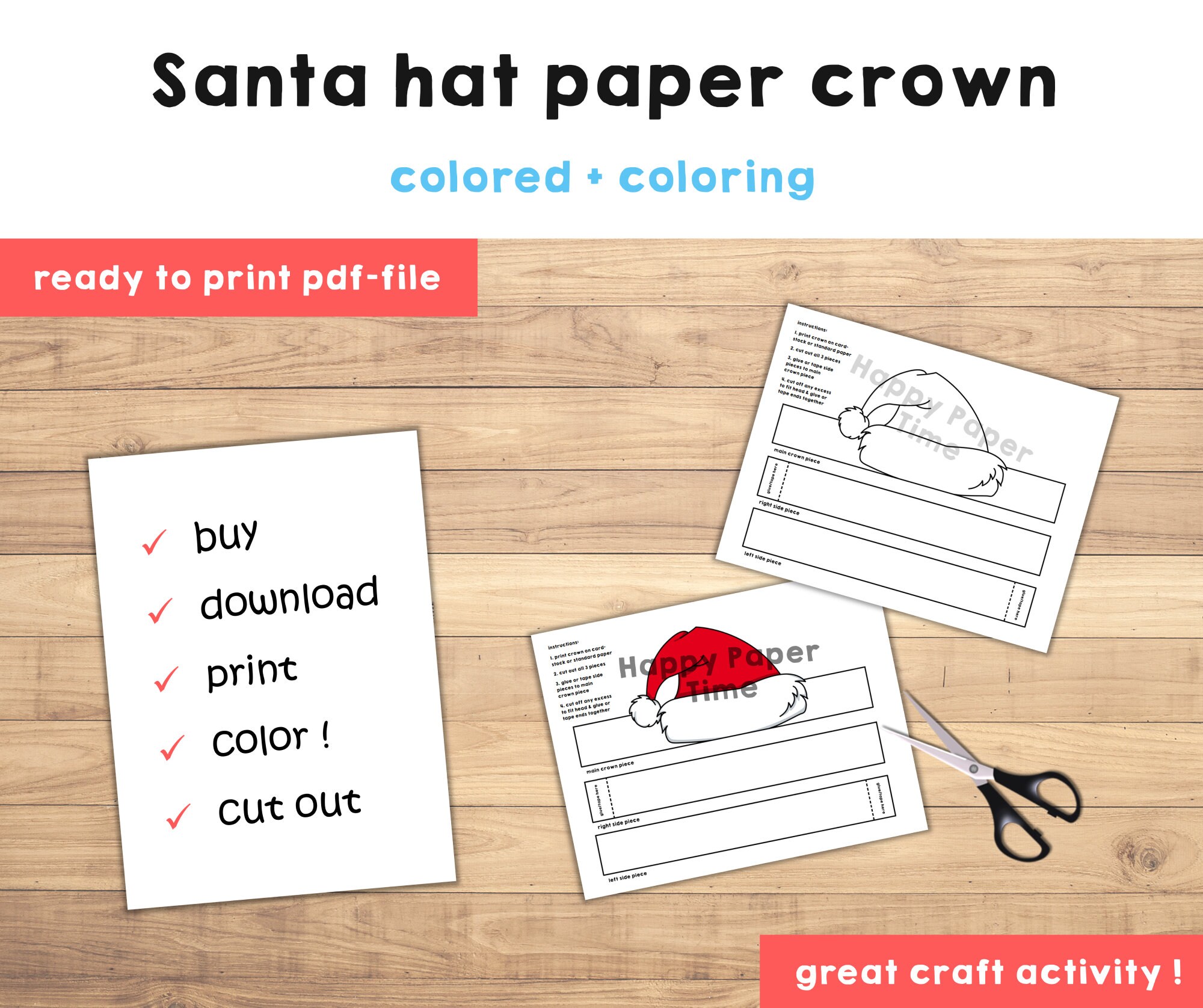 Santa paper crown hat christmas winter holiday party coloring printable kids craft costume printable favor costume diy instant download