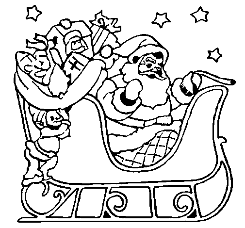 Father christmas in his sleigh coloring page