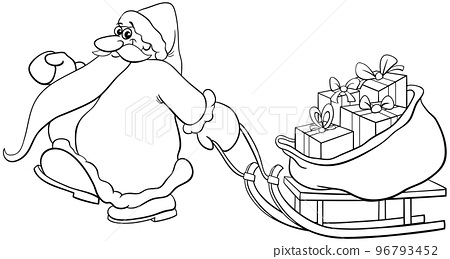 Cartoon santa claus pulling a sleigh gifts