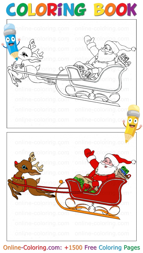 Santa flying his sleigh through the night sky free online coloring page