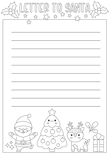 Premium vector vector black and white letter to santa claus template cute line kawaii christmas card design winter holiday frame layout for kids with funny characters festive new year coloring page