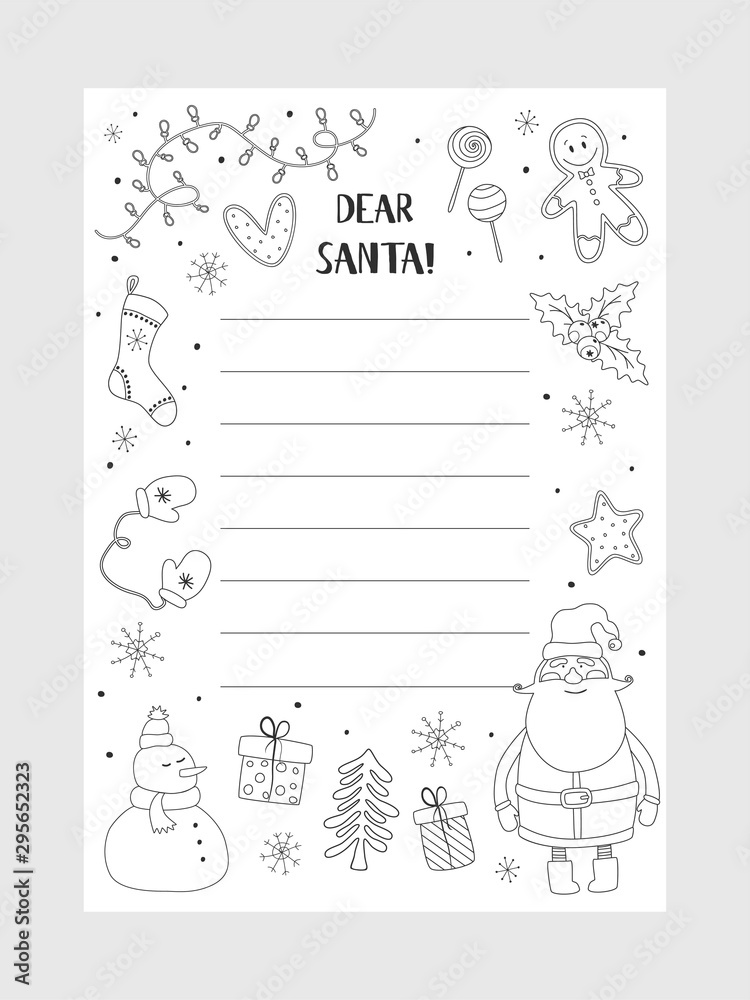 Cartoon christmas wish christmas items coloring page a letter to santa claus template christmas background with a place for christmas gifts for santa wish list vector illustration vector