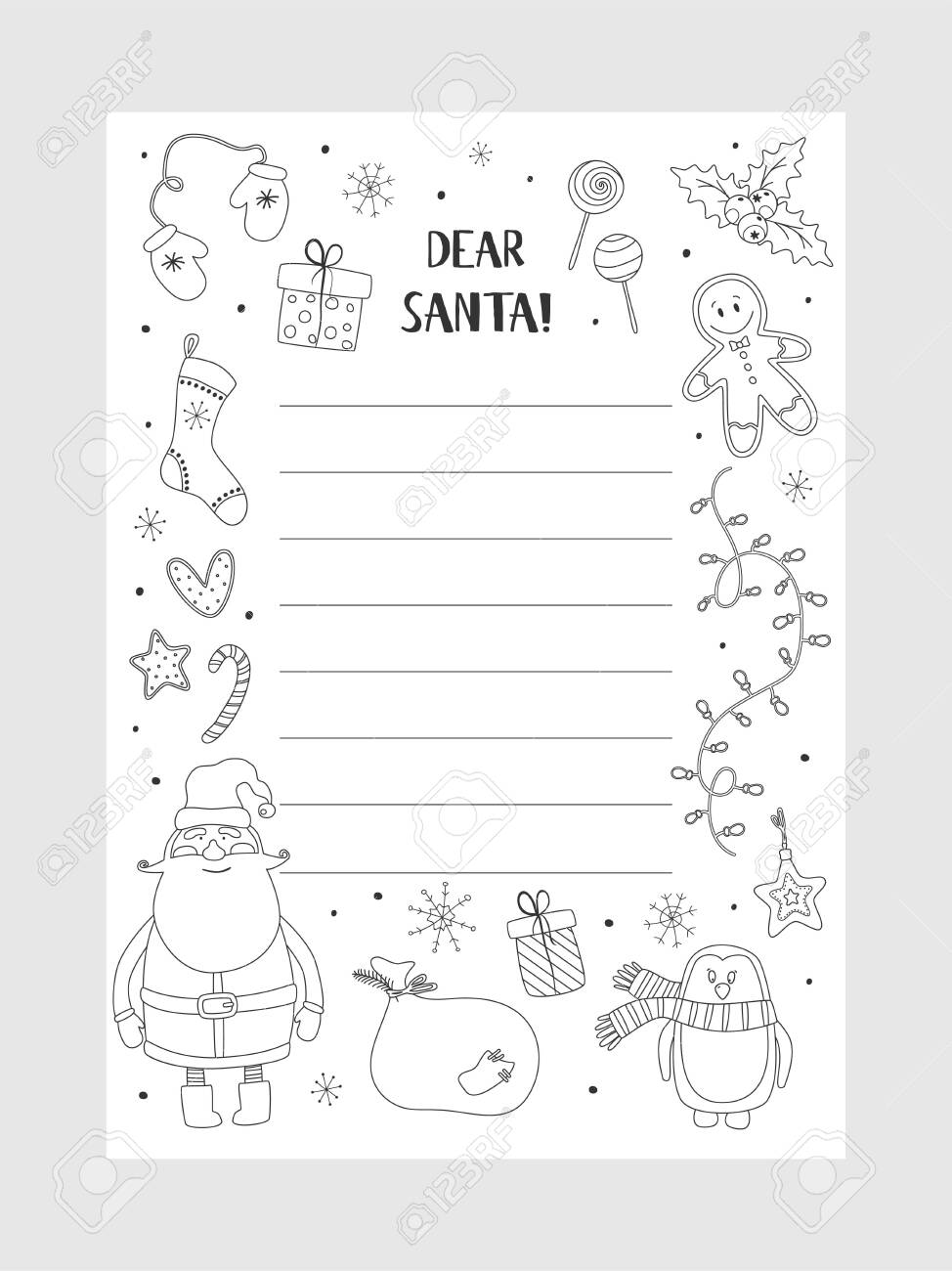 Cartoon christmas wish christmas items coloring page a letter to santa claus template christmas background with a place for christmas gifts for santa wish list vector illustration royalty free svg cliparts vectors