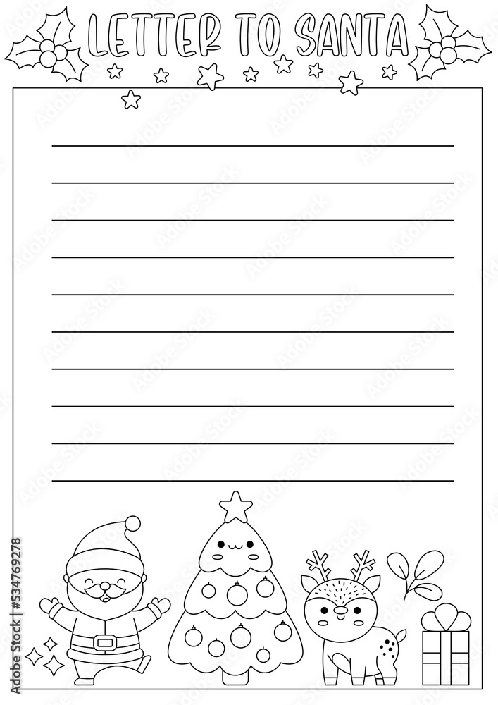 Vecteur vector black and white letter to santa claus template cute line kawaii christmas card design winter holiday frame layout for kids with funny characters festive new year coloring page