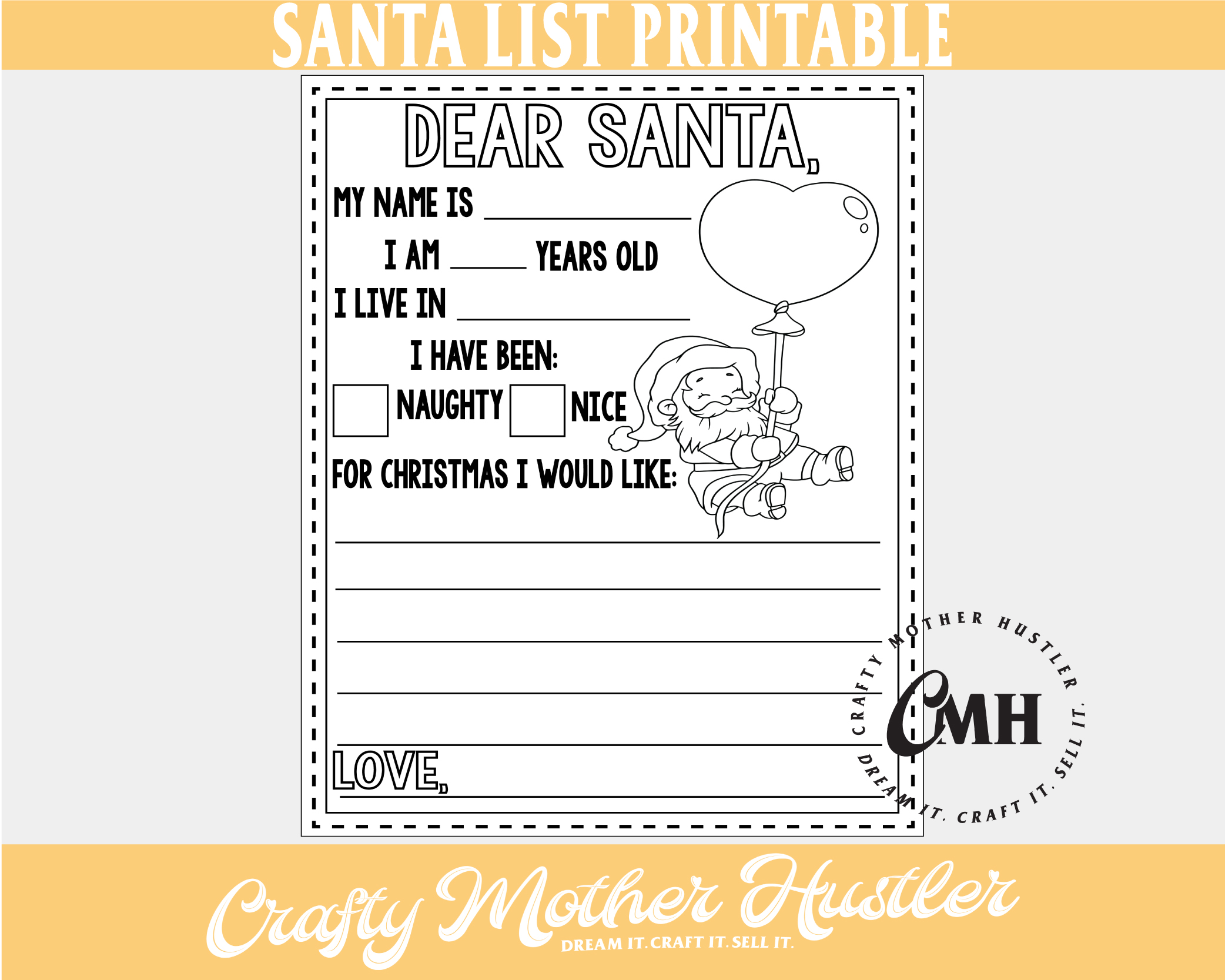 Printable santa claus christmas wish list coloring page