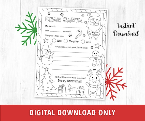 Letter to santa coloring page printable dear santa letter christmas wish list christmas coloring page christmas kids activity digital download now
