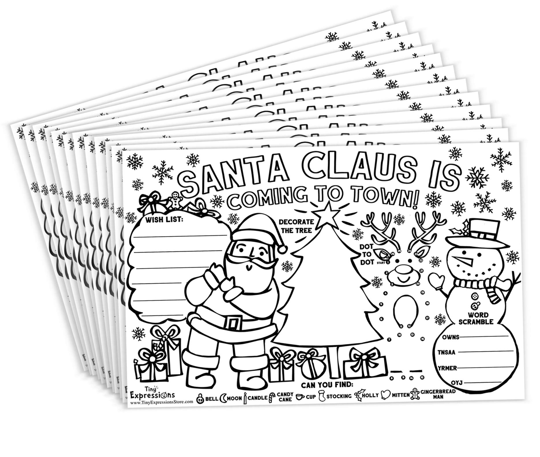 Tiny expressions â christmas santa placemats for kids pack of holiday placemats coloring activity paper mats for kids table disposable bulk bundle set home kitchen