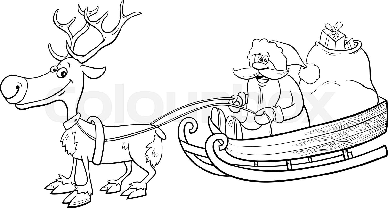 Santa claus on sleigh with reindeer coloring book page stock vector