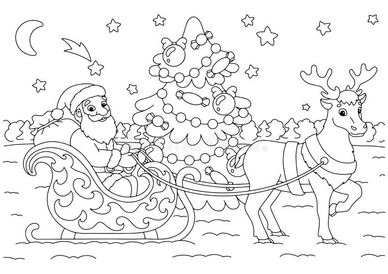 Santa claus carries christmas presents on a reindeer sleigh coloring book page for kids cartoon style character stock vector