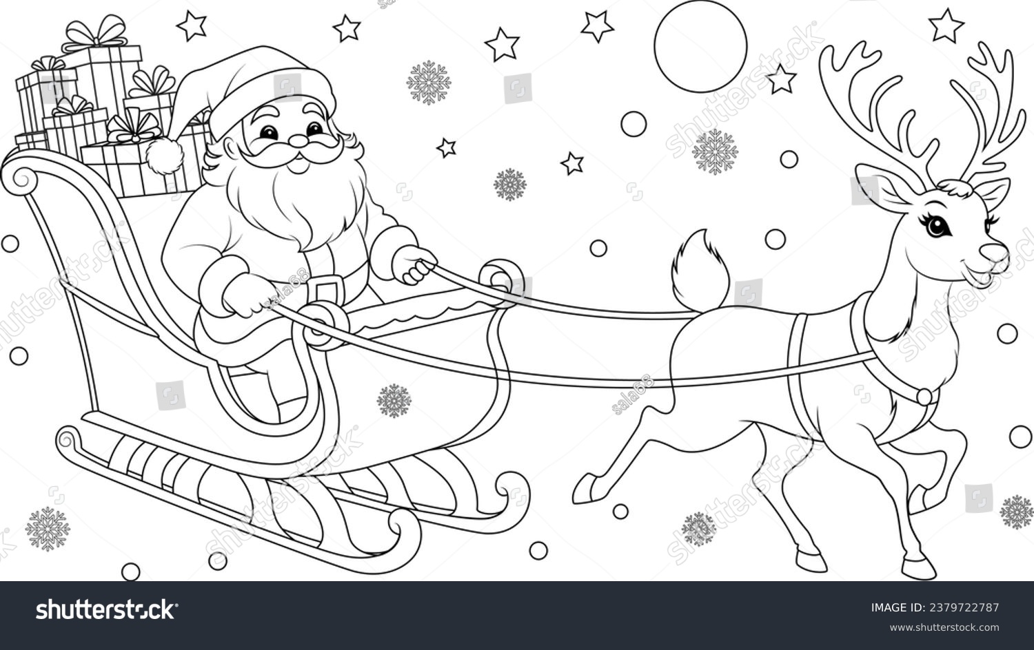 Coloring page reindeer pulling santas sleigh stock vector royalty free