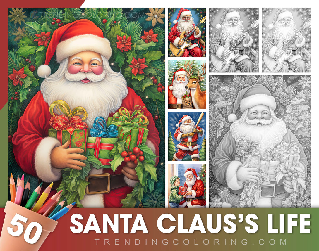 Santa clauss life grayscale coloring pages