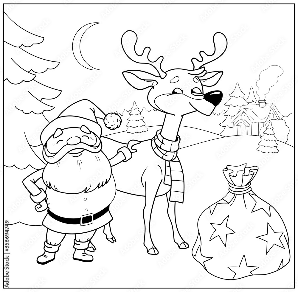 Santa claus and his reindeer christmas coloring book for children cartoon vector illustration vector