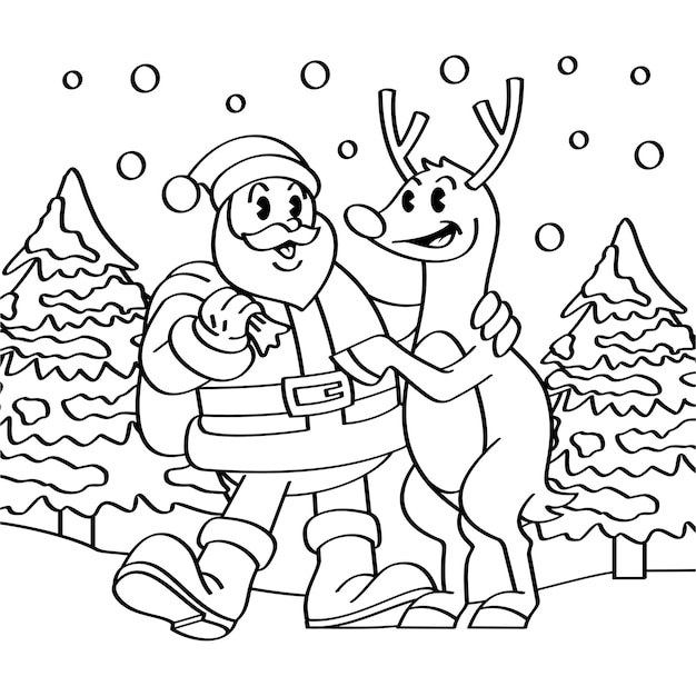 Premium vector coloring book santa and rudolph walking on the snow hand drawing