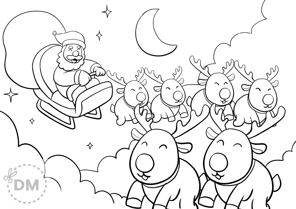 Santa claus and reindeer coloring page for kids