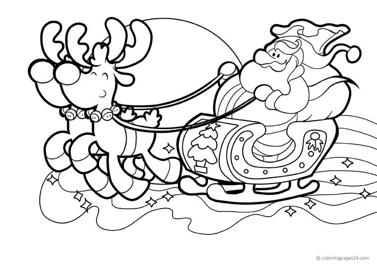 Santa claus with his sleigh and his reindeer coloring pages