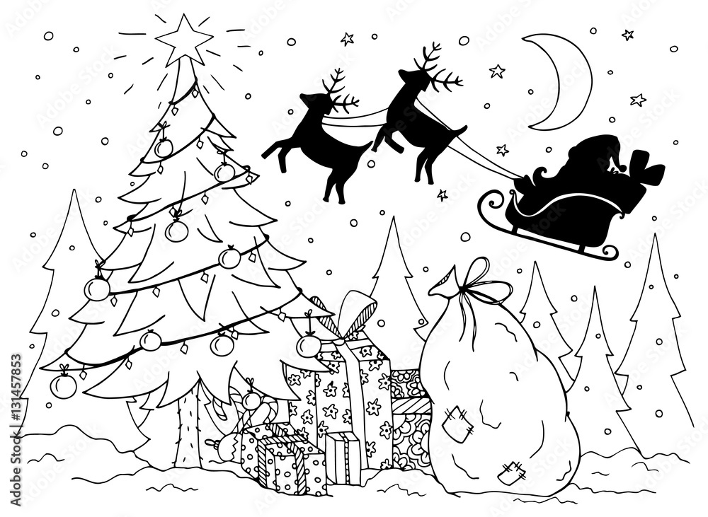 Doodle illustration of santa in a sleigh with reindeer new year vector coloring page anti stress for adults and children black and white vector