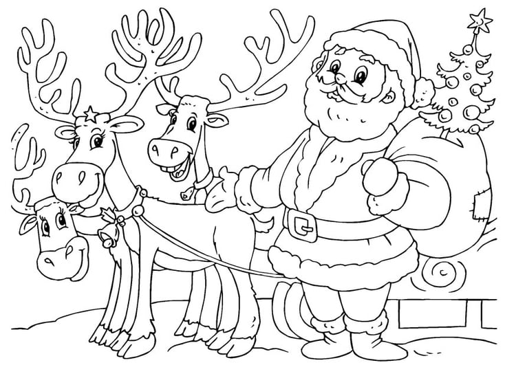 Coloring page santa claus with reindeer