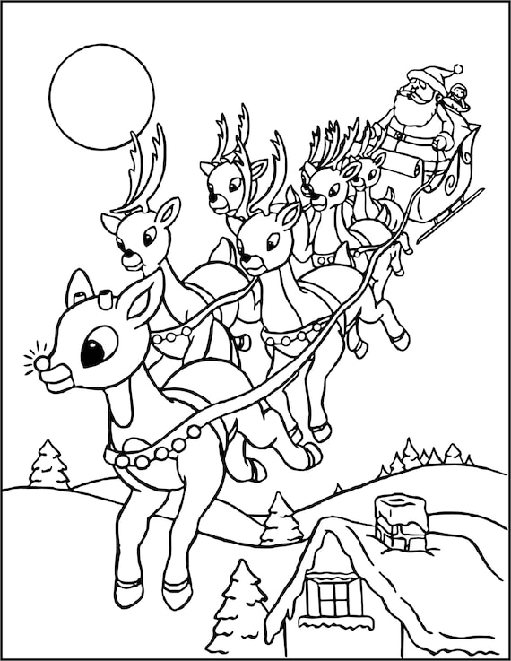 Santa and his sleigh digital printable coloring page