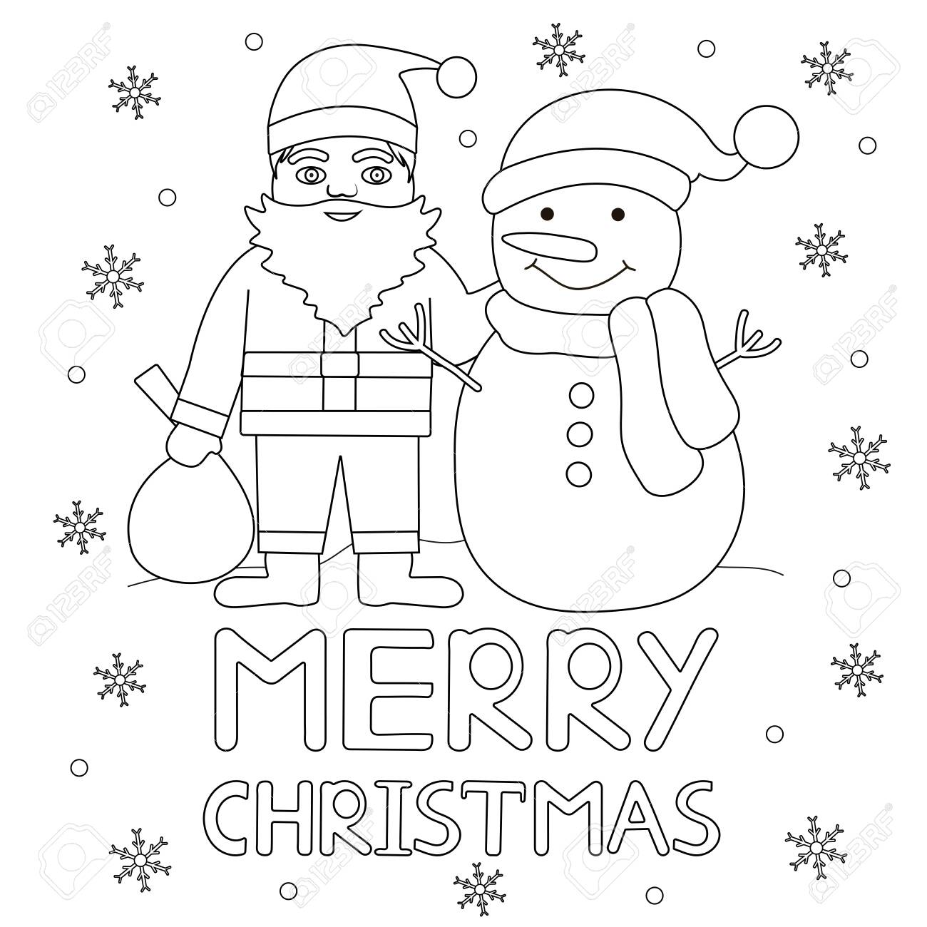 Coloring page merry christmas santa snowman and snowflakes vector background royalty free svg cliparts vectors and stock illustration image