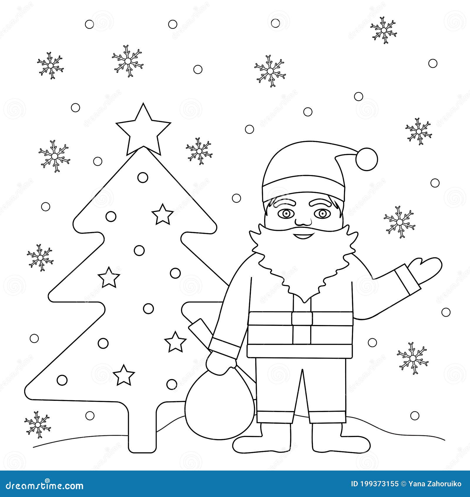 Coloring page santa christmas tree and snowflakes stock vector