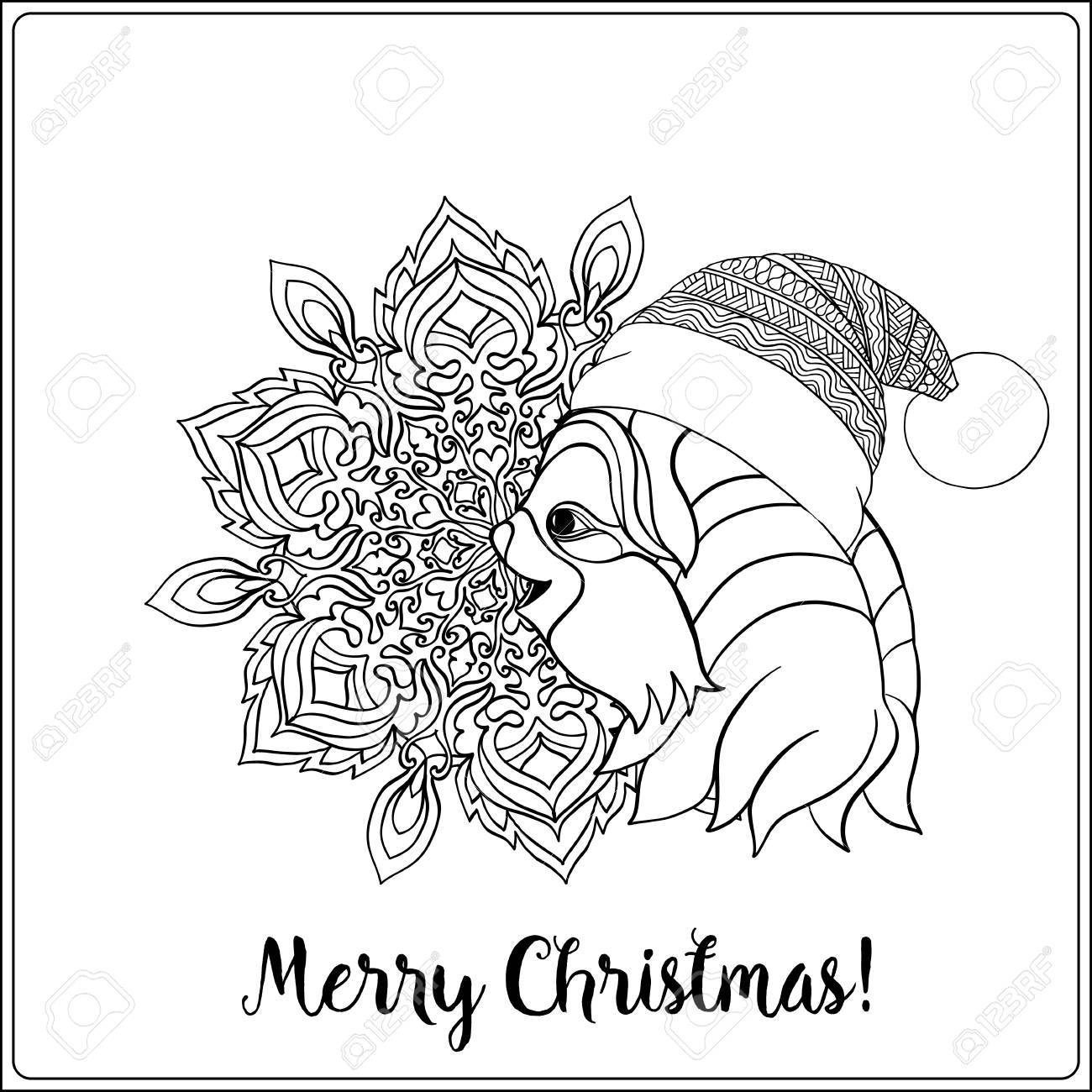 Decorative patterned sloth in the hat of santa claus on a snowflake background coloring book for adult outline drawing coloring page stock line vector illustration royalty free svg cliparts vectors and stock